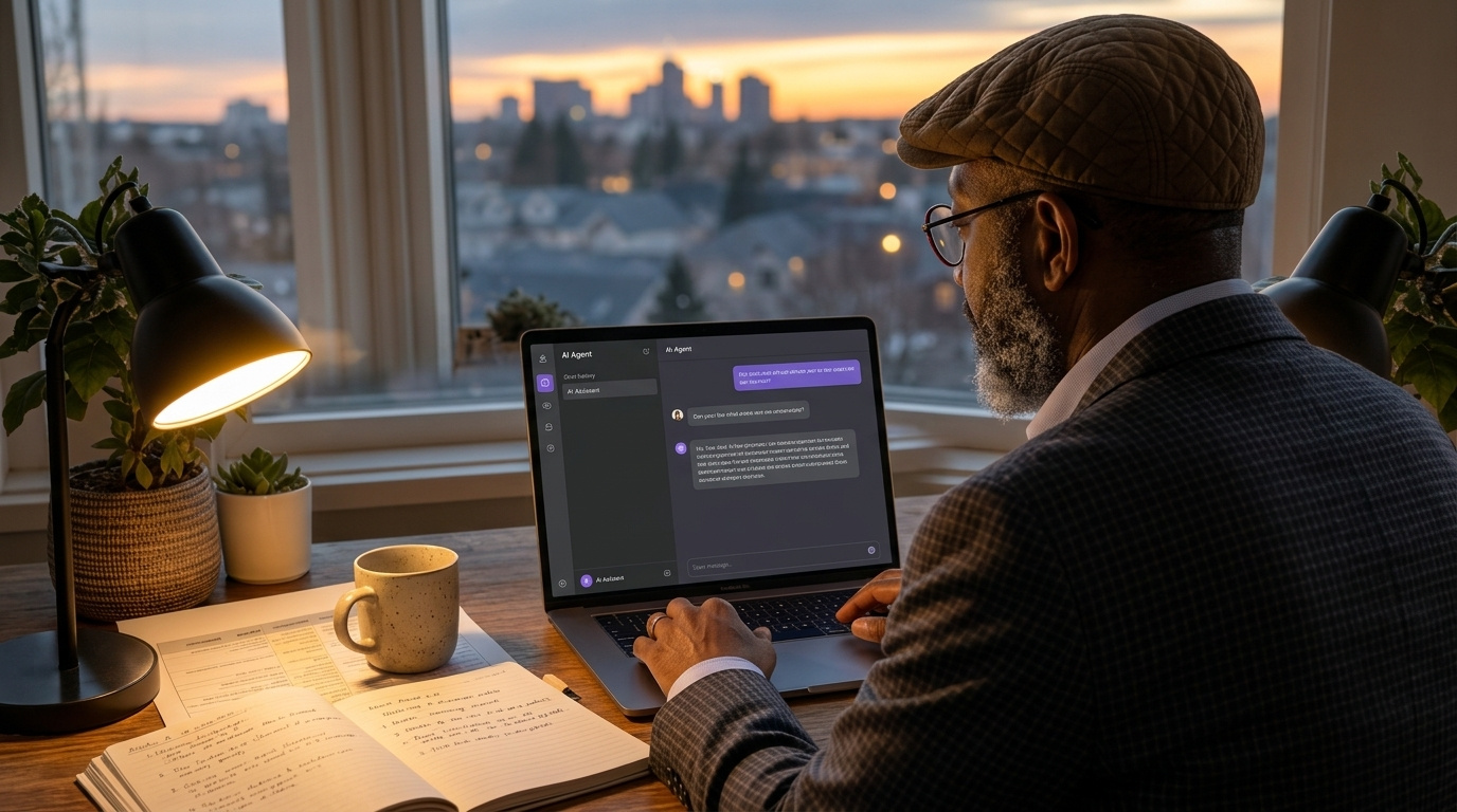 Founder at a desk reviewing an agent draft beside a curriculum spreadsheet