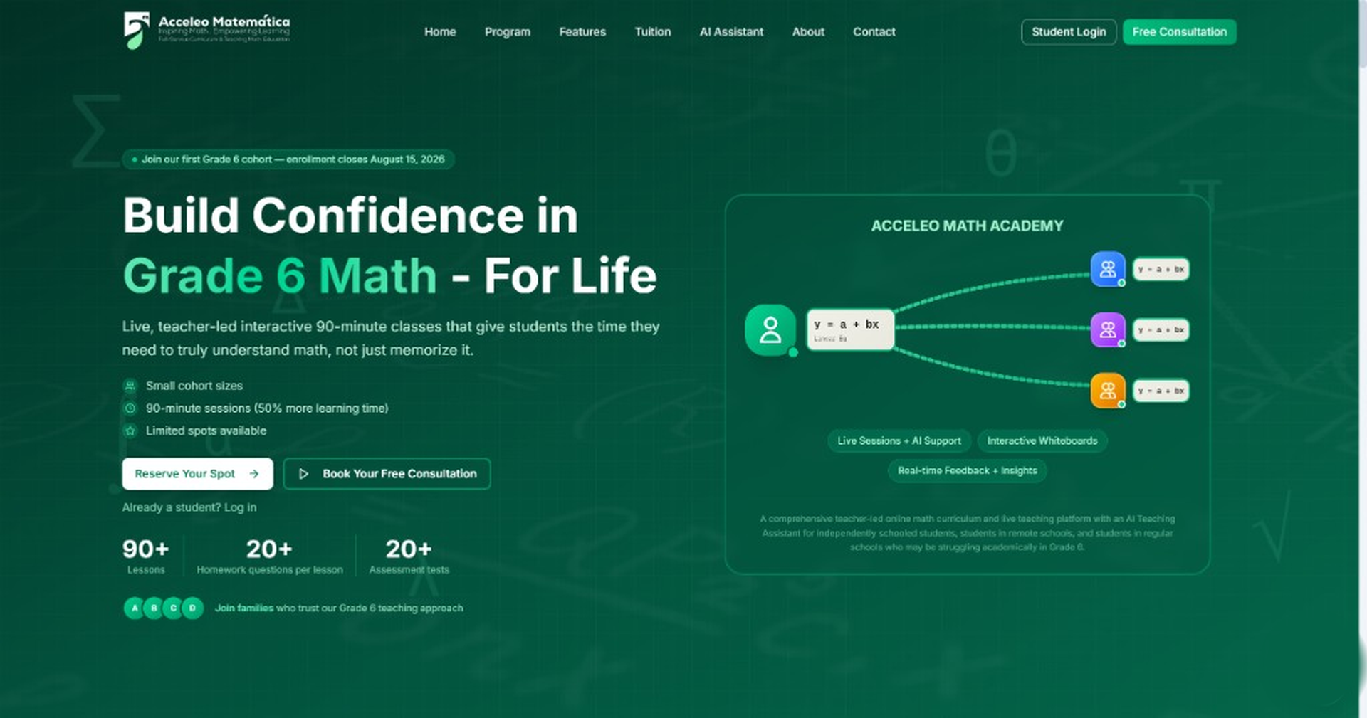 Acceleo Matemática marketing site with the AI assistant panel open