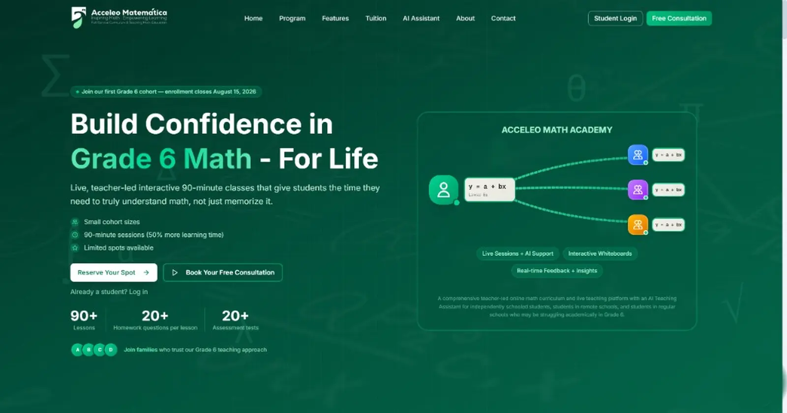 Acceleo Matemática marketing site with the AI assistant panel open