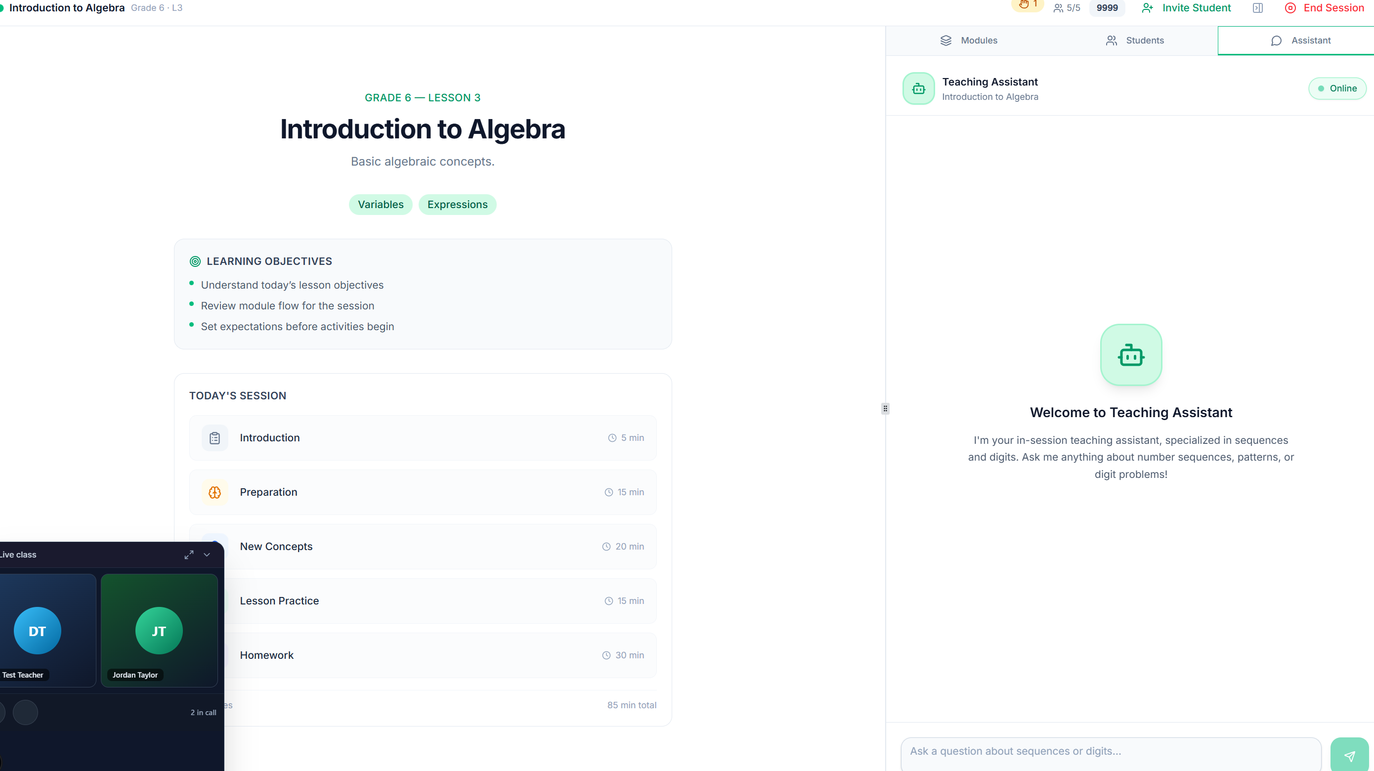 In-session AI teaching assistant sidebar during a live class with video tiles