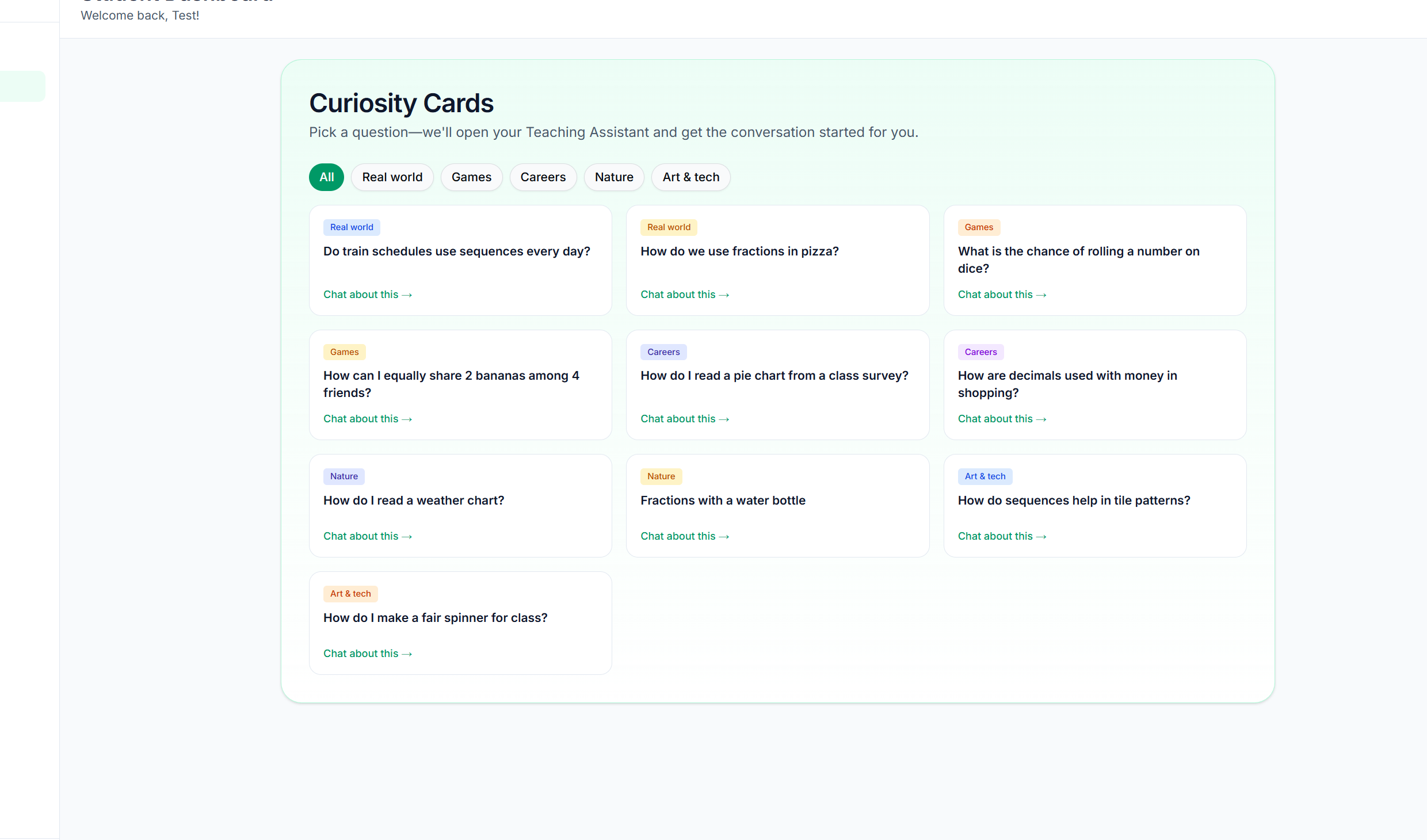 Student Curiosity hub with category filters and topic cards