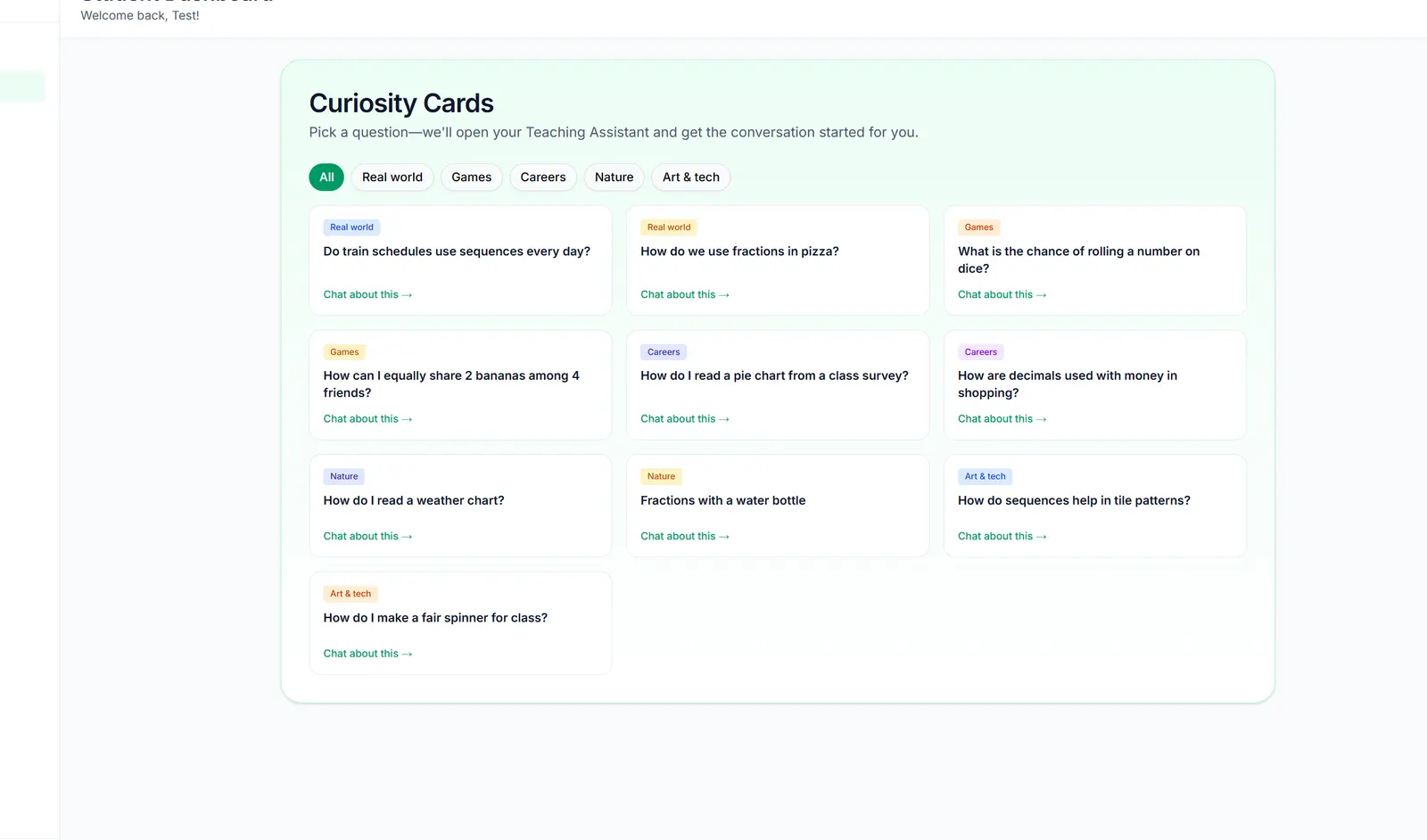 Student Curiosity hub with category filters and topic cards